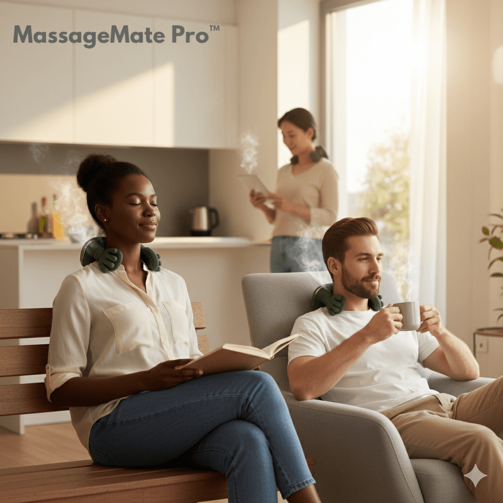 Couple relaxing with MassageMate Pro™ for a soothing massage at home, using massage for stress relief.