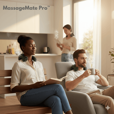 Couple relaxing with MassageMate Pro™ for a soothing massage at home, using massage for stress relief.