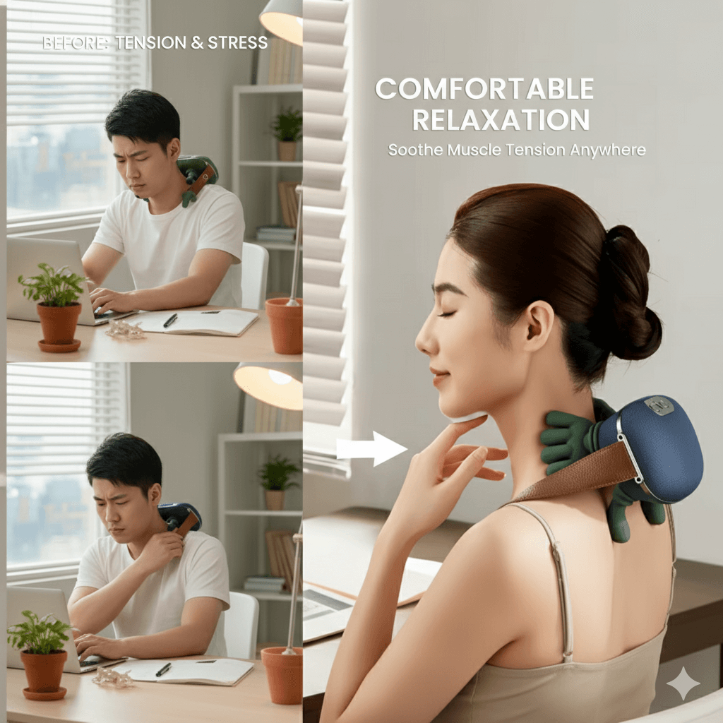 MassageMate Pro™ provides comfortable relaxation and soothes muscle tension anywhere for a stress-free experience.